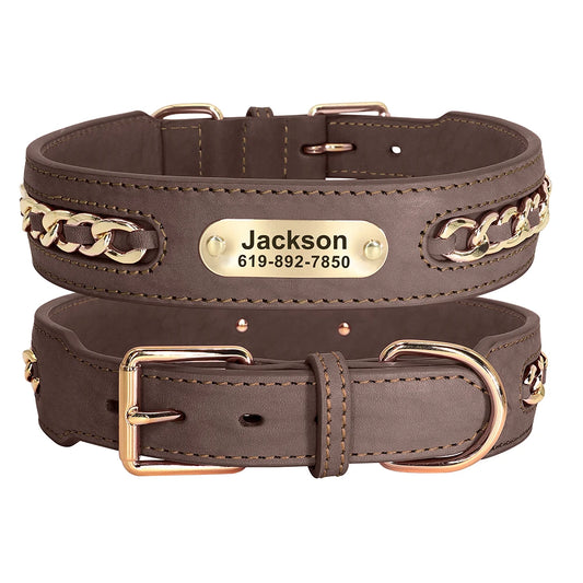Custom Leather Dog Collar for Big Dogs. Genuine Leather ID Collar, Free Engraved Name For Small, Medium and Large Dogs. Metal Design