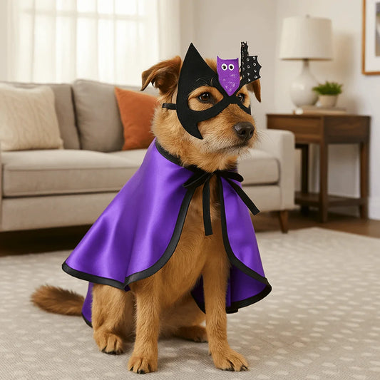 Cute Adjustable Dog Halloween Costume. Decorative Bat Pet Wizard Cloak with Face Mask. Cartoon Dog Wizard Cape. Halloween Party