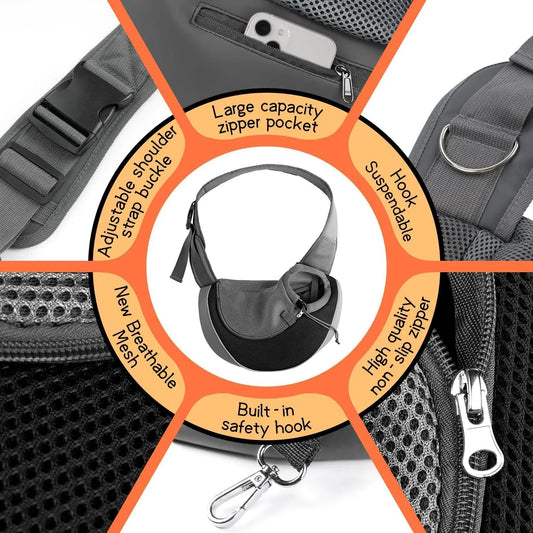 Pet Sling Carrier for Small Dogs & Cats β Hands-Free Puppy Carrier with Safety Hook, Large Zipper Pocket, Soft Breathable Mesh