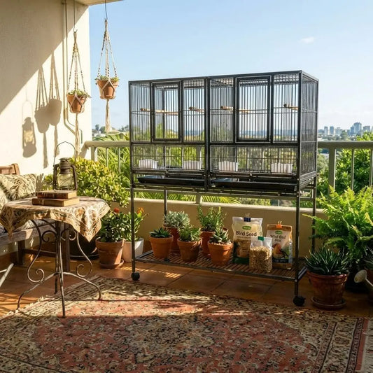 Breeding Flight Bird Cage with Detachable Rolling Stand. Breeder Cage with Perches, Food Boxes, Slide-Out Tray and Storage Shelf.Can be used for other caged animals