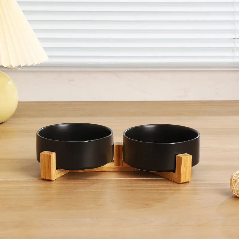 Ceramic Pet Bowl With Wood Stand. No Spill Pet Double Bowl For Dogs & Cats Food & Water Feeder. Cats & Small Dogs