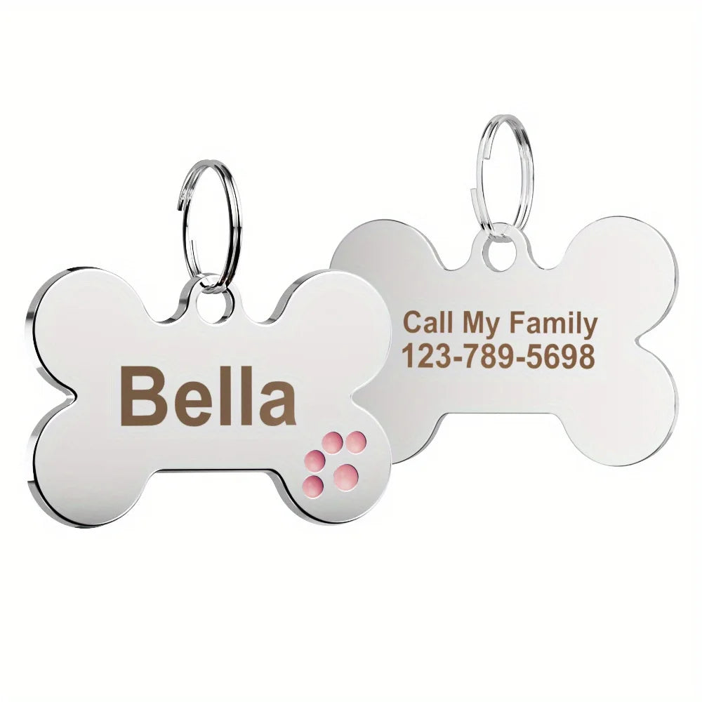 Custom Engraved Bone-Shaped Dog Tag - Personalized Pet ID Tag with Paw Print Design, Durable Metal Slide-On Collar Name Tag