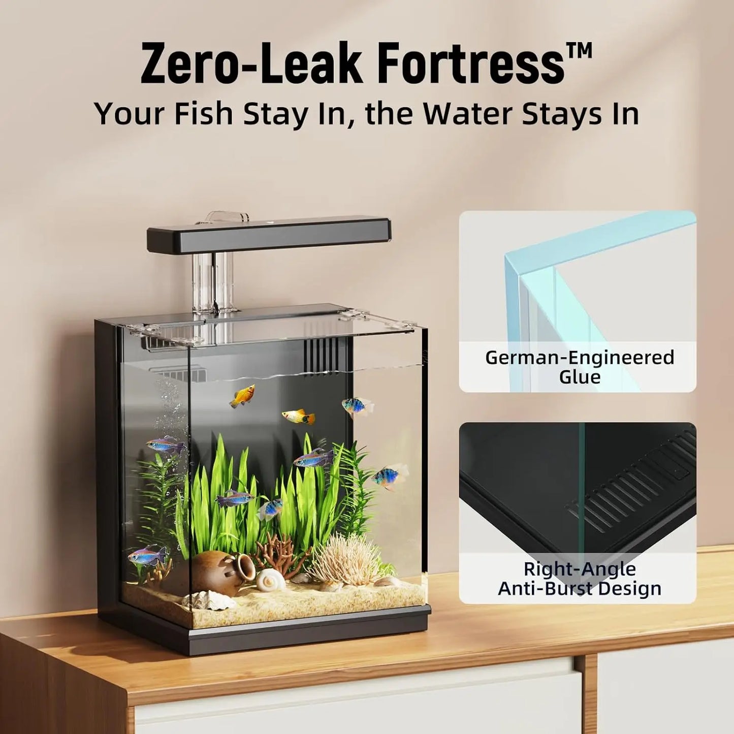 2 Gallon Betta Fish Tank with Filter & Light, Ideal for Beginners and Kids, Black Aquarium