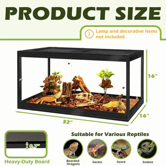 32 Gallon Tempered Glass Reptile Enclosure with Locking Doors for Lizards, Geckos, Snakes (32"X16"X16", Black)