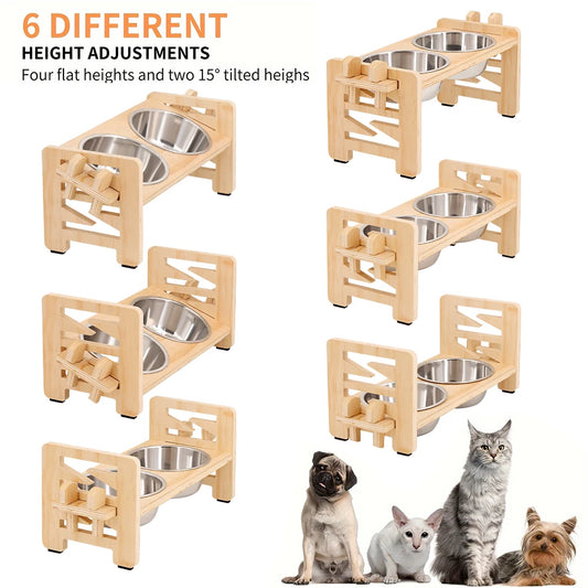 Elevated Small Dog Cat Bowls. Tilted, Adjustable Feeder Stand with 2 Stainless Steel Bowls for Puppies & Cats