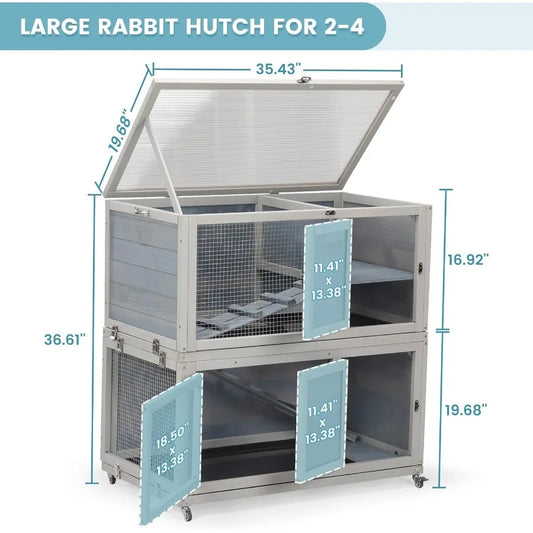 Weatherproof Wooden Rabbit Hutch for Indoor/ Outdoor Use with Two Stories. Portable Pet House with Wheels Easy-to-Clean & Pull-Out