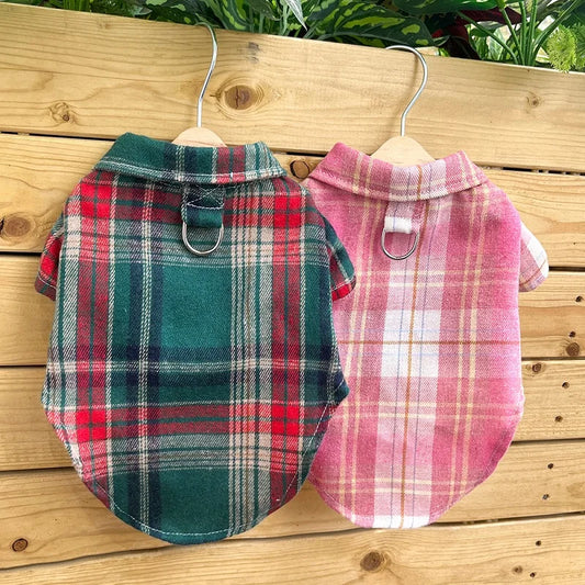 Classic Dog T-Shirt with D-Ring. Fashion Dog Clothes. Spring Puppy Coat. Cute Plaid Cat Shirt. Pet Costumes Bichon Frise Dog Apparel