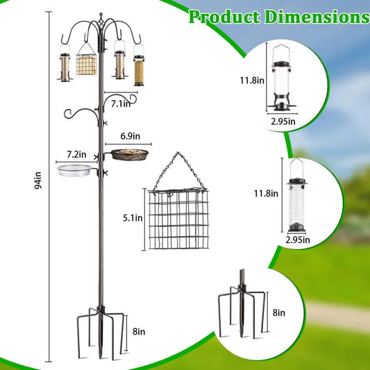 Feeding Station Kit, 94 Inch Metal Birds Feeder Stand Pole with 6 Hooks, Bird Bath and Mesh Tray, 5 Prong Base