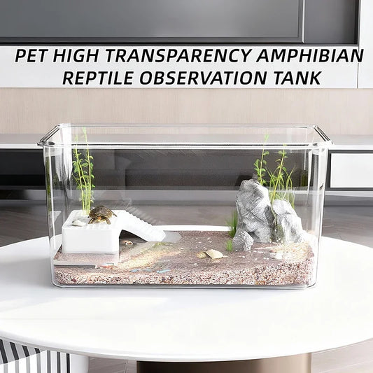 Transparent Reptile Terrarium Tank with Basking Area for Pet Turtles, Hermit Crabs, Tortoise - Turtle Adoption Habitat