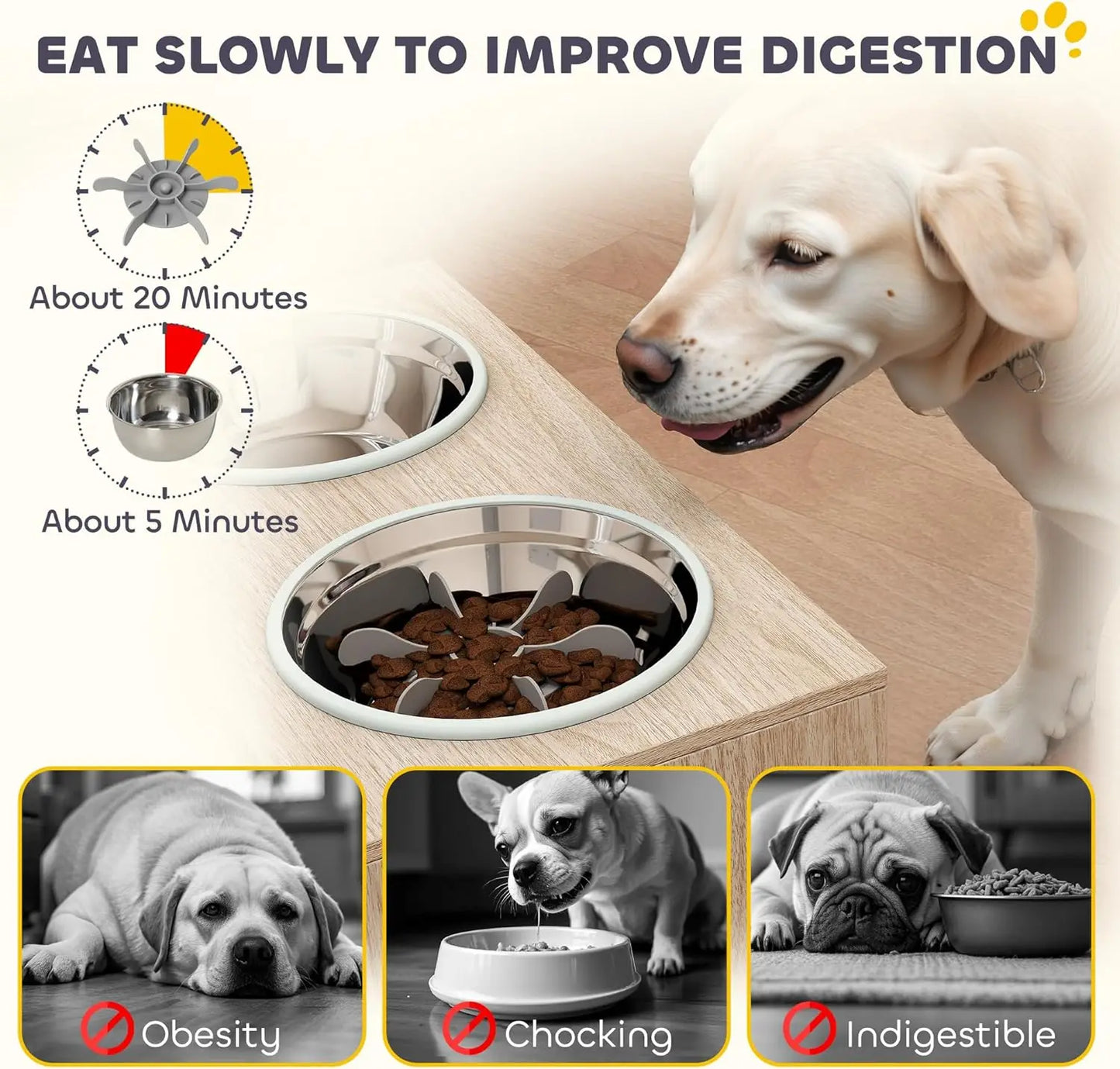 Elevated Dog Bowls with Storage Cabinet, Pet Feeding Station with Slow Feeder & Non-Slip, For Large Pets
