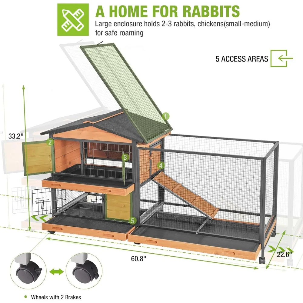 Rabbit Hutch with Chew-Resistant Metal Frame. Indoor Bunny Cage, Outdoor Rabbit Cage with Wheels and Leakproof Tray