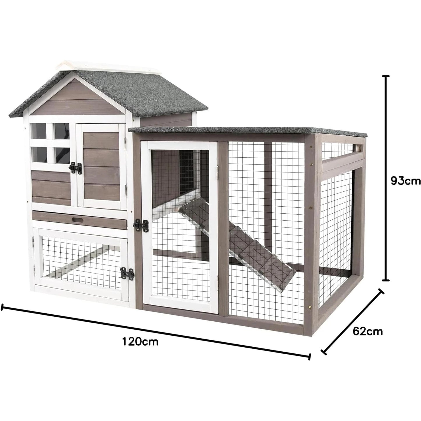 Rabbit Hutch, 2-Story Bunny Cage. Indoor/Outdoor with Pull Out Tray, Waterproof Roof and Anti-Slip Ramp, Wooden Chicken Coop for Outdoor