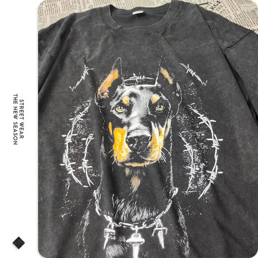 Doberman T-shirts. Oversized, Vintage, Washed Hip Hop High Street T Shirt. Retro Cute Dog DTG Printing, Short Sleeve Tops/Tees, Cotton