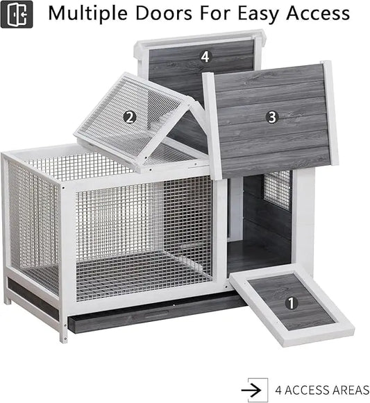 Rabbit Hutch, Outdoor & Indoor - Weatherproof, Wooden Rabbit Cage with Metal Frame Ramp, Removable Wire Netting for Small Animals