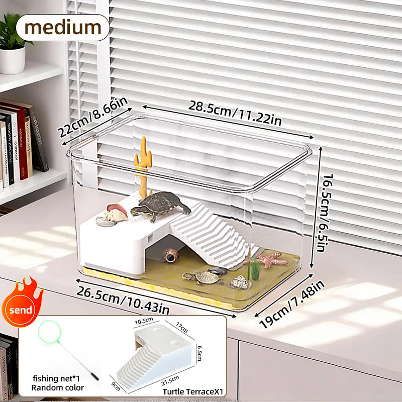 Transparent Reptile Terrarium Tank with Basking Area for Pet Turtles, Hermit Crabs, Tortoise - Turtle Adoption Habitat
