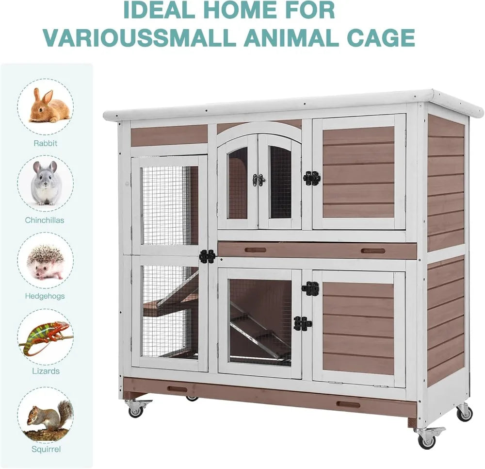 Rabbit Hutch, Indoor. Guinea Pig Cage with Sliding Plastic Trays, Wheels & Ramp, Multi-Door, Wooden. Small Animal Cage