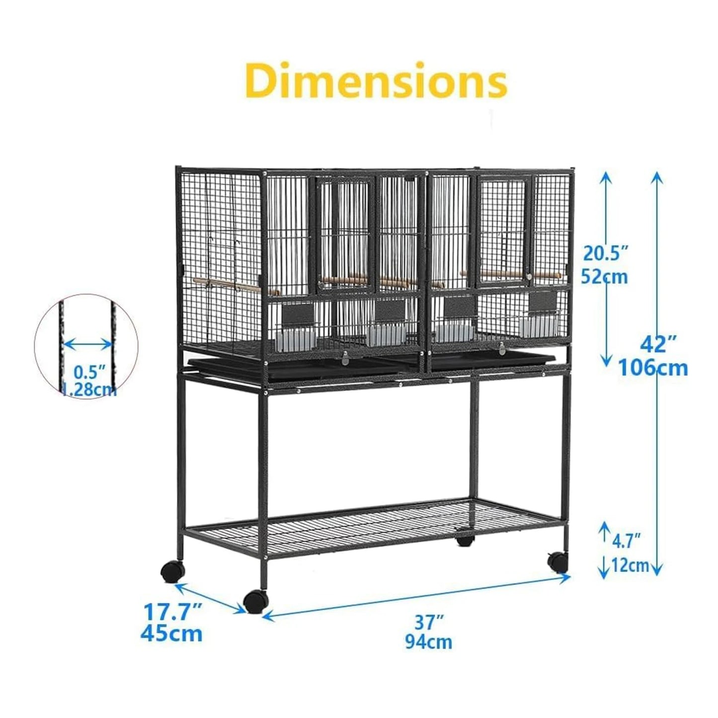 Breeding Flight Bird Cage with Detachable Rolling Stand. Breeder Cage with Perches, Food Boxes, Slide-Out Tray and Storage Shelf.Can be used for other caged animals