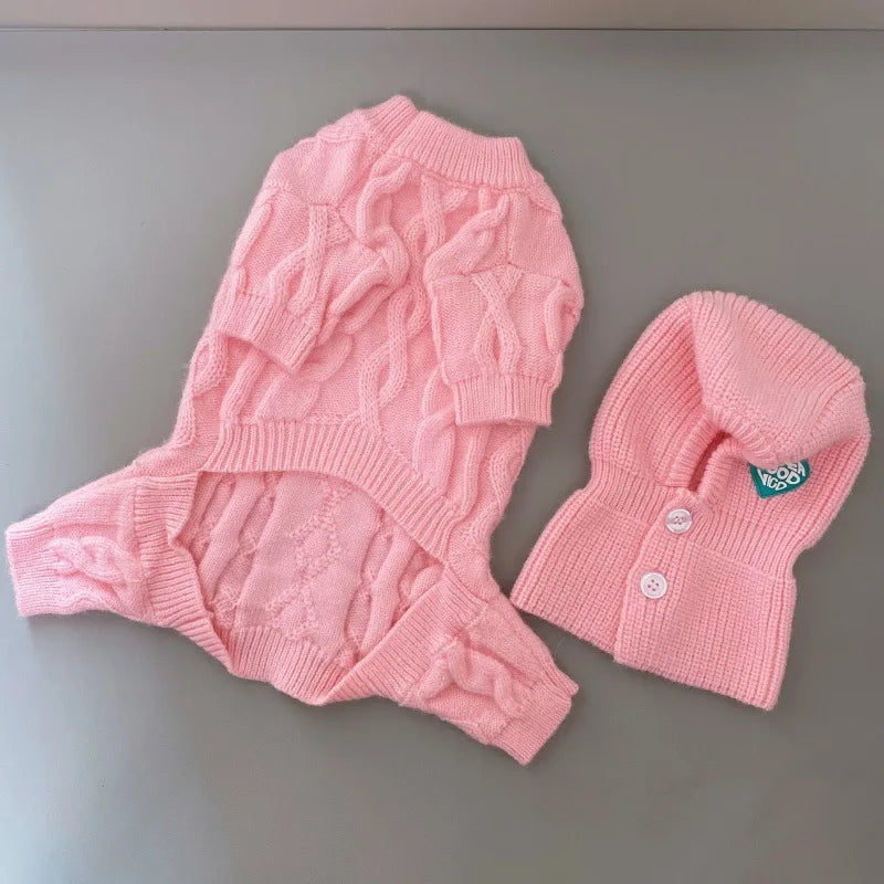 Autumn and Winter Pet Four Legged Knitted Warm Jumpsuit With Hat.