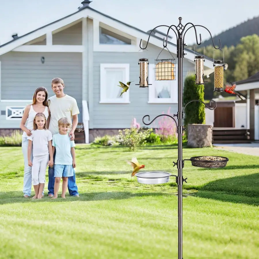 Feeding Station Kit, 94 Inch Metal Birds Feeder Stand Pole with 6 Hooks, Bird Bath and Mesh Tray, 5 Prong Base