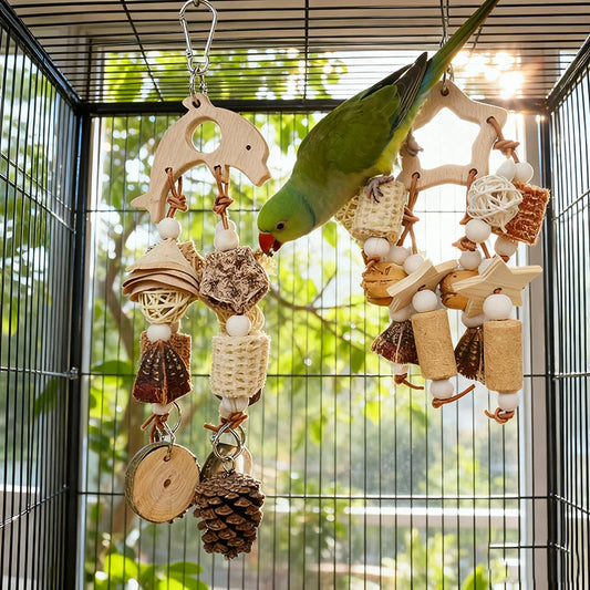 Natural Parrot Bird Toys. Wooden Nibble Chew Skewers/Pine Cones/Corncob/Cork. Foraging Hanging Tooth Grinding Cage Accessories