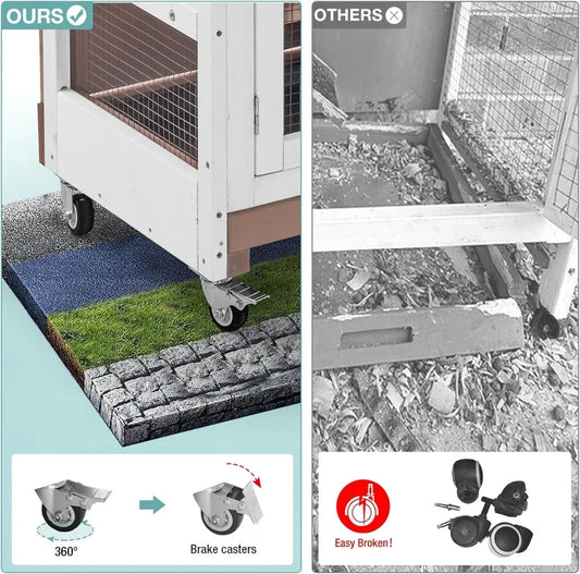 Rabbit Hutch, Indoor. Guinea Pig Cage with Sliding Plastic Trays, Wheels & Ramp, Multi-Door, Wooden. Small Animal Cage