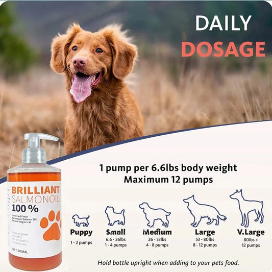 8 fl oz 200ML PET BRILLIANT SALMON OIL. Natura,l No Chemical Treatment. 21 Omega Fatty Acids Nutritional Supplements for Dogs