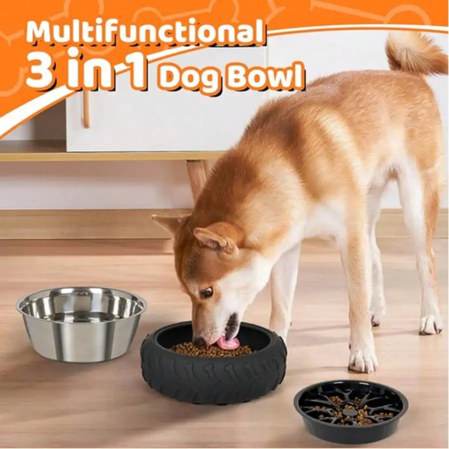 3-in-1 Stainless Steel, Slow Feed Dog Bowl - Non-Slip Suction Cup Feeder