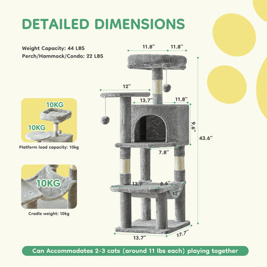44In Cat Tree, Tall, Multi-Cat Climbing Tower. Natural Sisal Scratching Posts. Stable Pet House for Indoor Cats