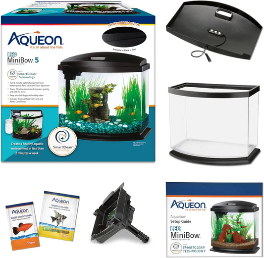 5 Gallon Small Aquarium Fish Tank Kit with LED Light and Easy-Clean Filter, Black