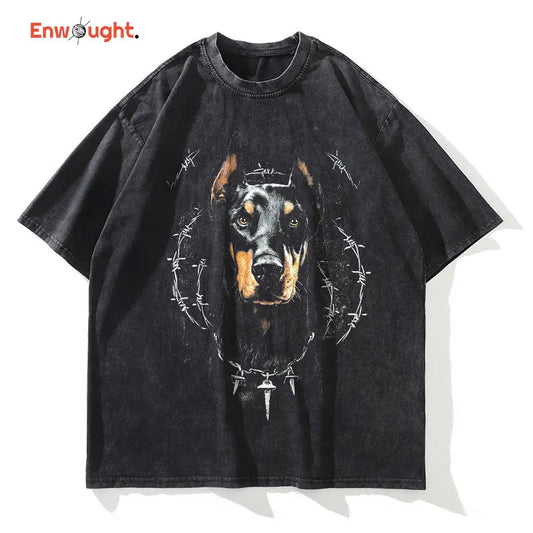 Doberman T-shirts. Oversized, Vintage, Washed Hip Hop High Street T Shirt. Retro Cute Dog DTG Printing, Short Sleeve Tops/Tees, Cotton