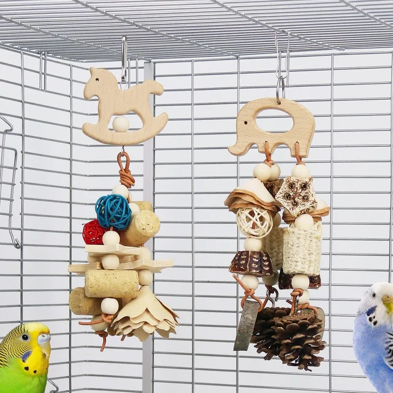 Bird Parrot Toy. Wooden Animal Shaped Rattan Ball.  Pine Cone, Corn, Wood Flower Slice. Gnawing Puzzle, Relieving Bird Toys