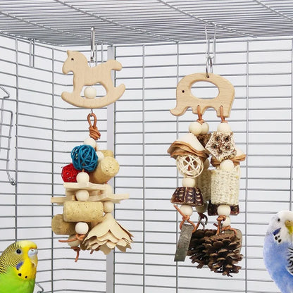 Bird Parrot Toy. Wooden Animal Shaped Rattan Ball.  Pine Cone, Corn, Wood Flower Slice. Gnawing Puzzle, Relieving Bird Toys
