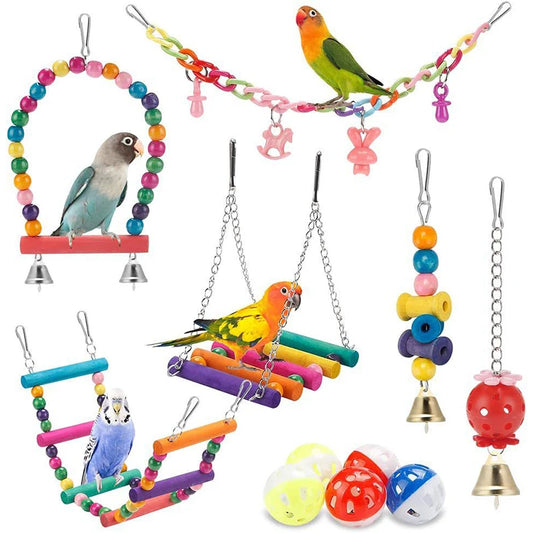 Bird Cage Toys for Parrots. Wood Birds Swing. Reliable, Chewable Bite Bridge. Wooden Beads Shape. Parrot Toy, 11pcs Bird Toys
