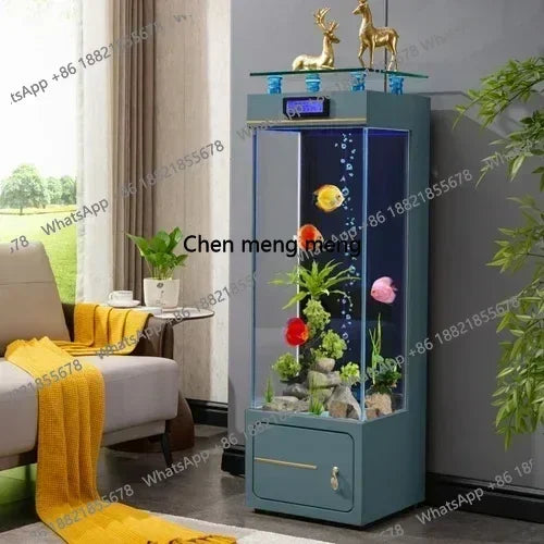 M07 Floor Fish Tank Aquarium. Ecological Wall Gold Crystal Super White Glass