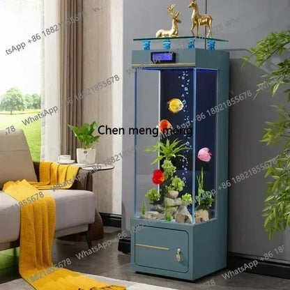 M07 Floor Fish Tank Aquarium. Ecological Wall Gold Crystal Super White Glass