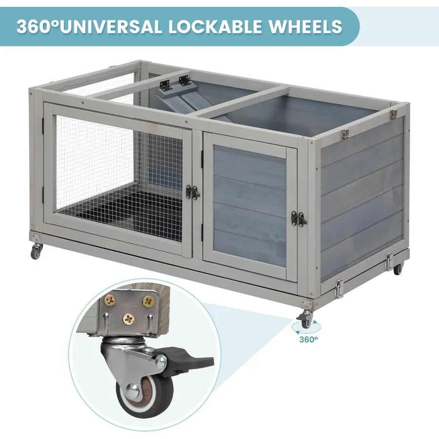 Weatherproof Wooden Rabbit Hutch for Indoor/ Outdoor Use with Two Stories. Portable Pet House with Wheels Easy-to-Clean & Pull-Out