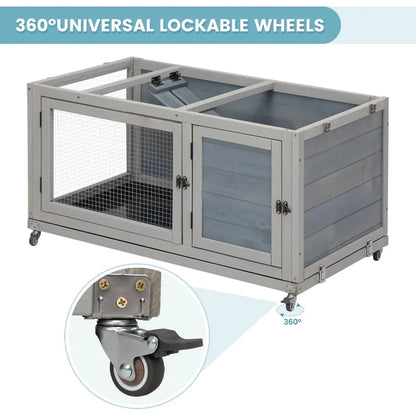 Weatherproof Wooden Rabbit Hutch for Indoor/ Outdoor Use with Two Stories. Portable Pet House with Wheels Easy-to-Clean & Pull-Out