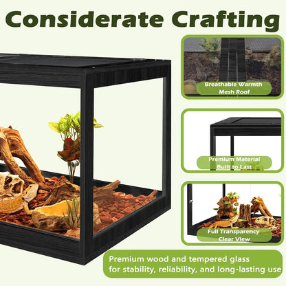 32 Gallon Tempered Glass Reptile Enclosure with Locking Doors for Lizards, Geckos, Snakes (32"X16"X16", Black)