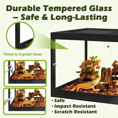 32 Gallon Tempered Glass Reptile Enclosure with Locking Doors for Lizards, Geckos, Snakes (32"X16"X16", Black)