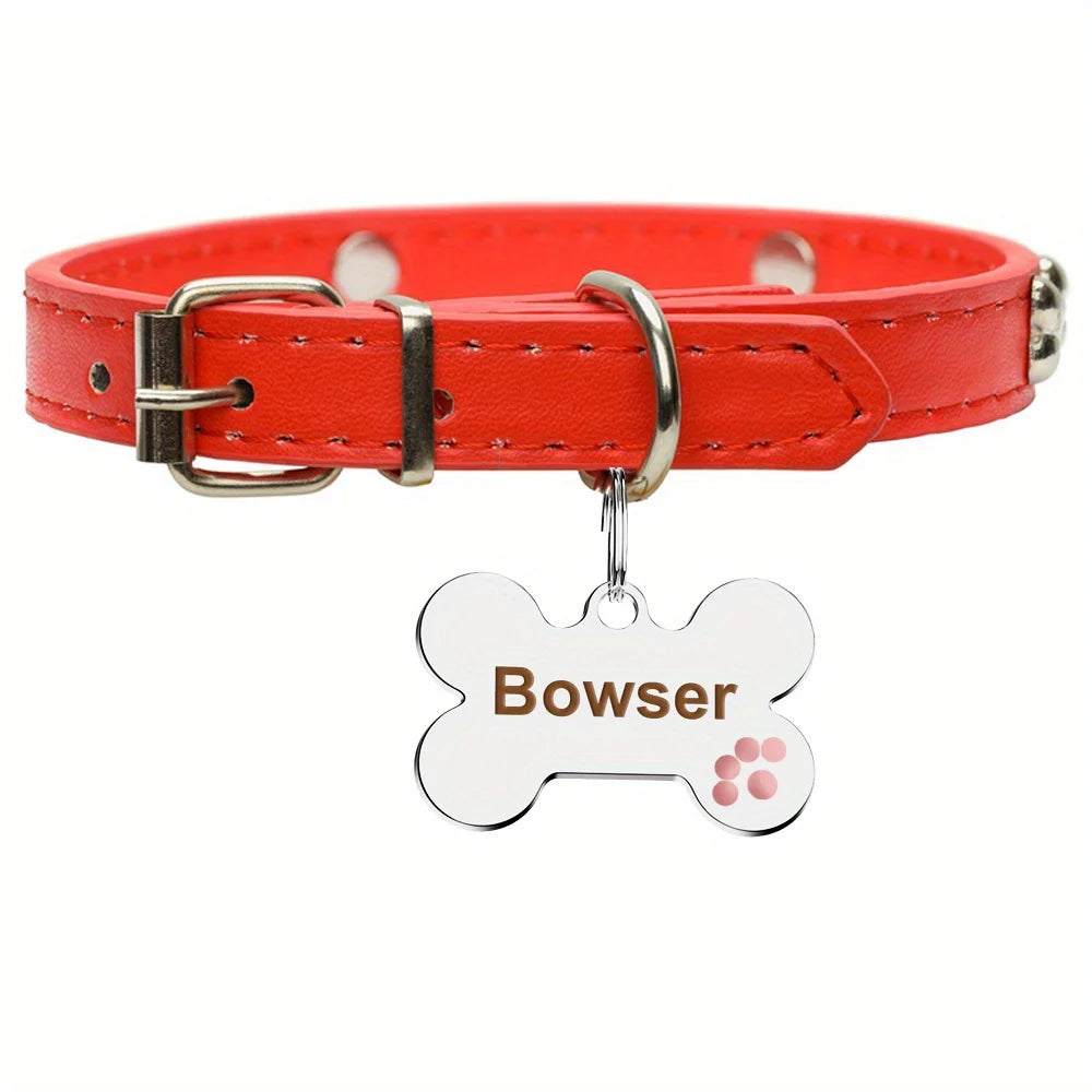 Custom Engraved Bone-Shaped Dog Tag - Personalized Pet ID Tag with Paw Print Design, Durable Metal Slide-On Collar Name Tag
