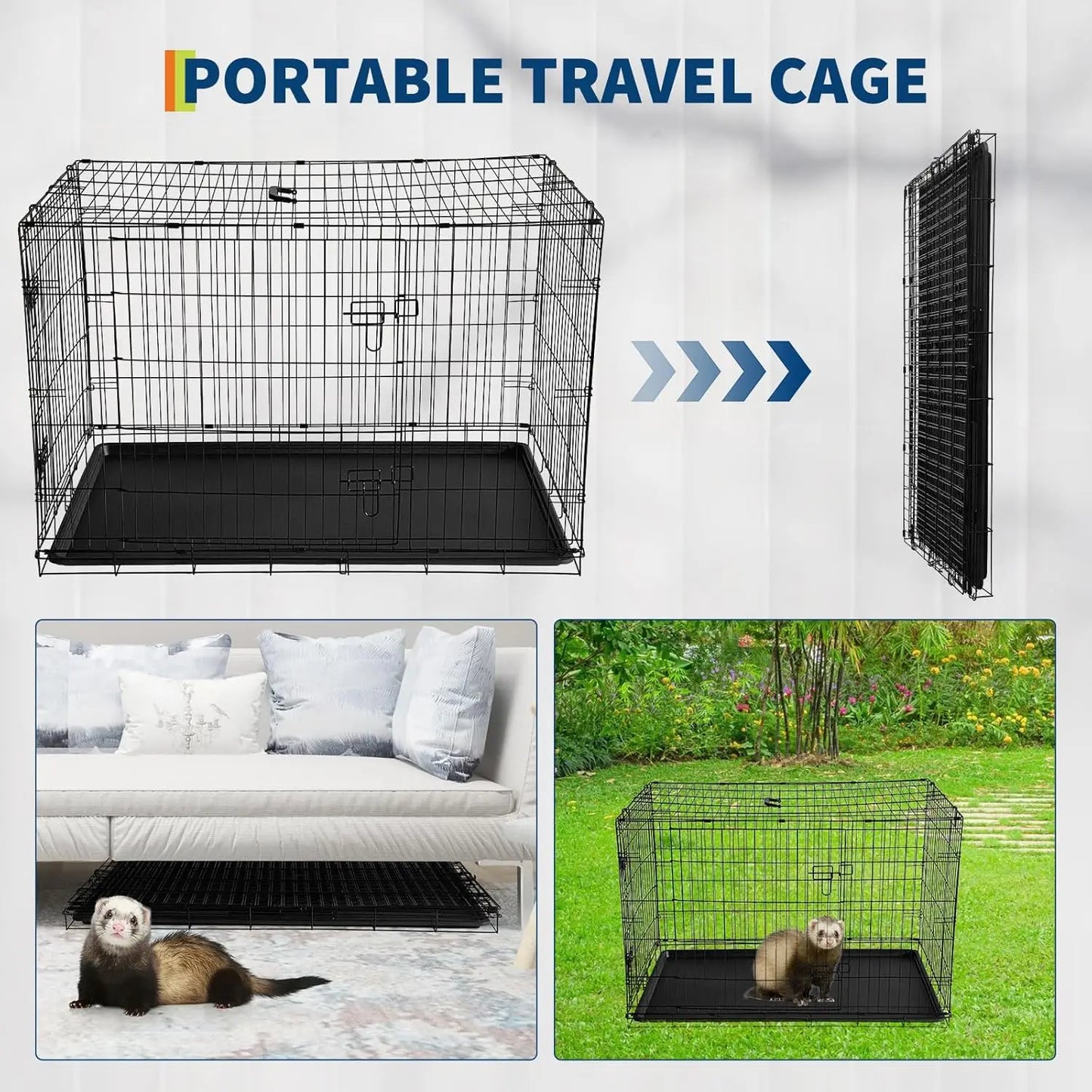 24/48 Inch Rabbit Cage, Portable, Folding Small Crate. Rabbit Carriers with Slide Out Tray & 2 Doors for Bunny, Ferret, Chinchilla & Rat