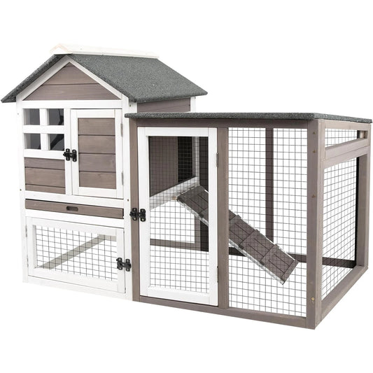 Rabbit Hutch, 2-Story Bunny Cage. Indoor/Outdoor with Pull Out Tray, Waterproof Roof and Anti-Slip Ramp, Wooden Chicken Coop for Outdoor