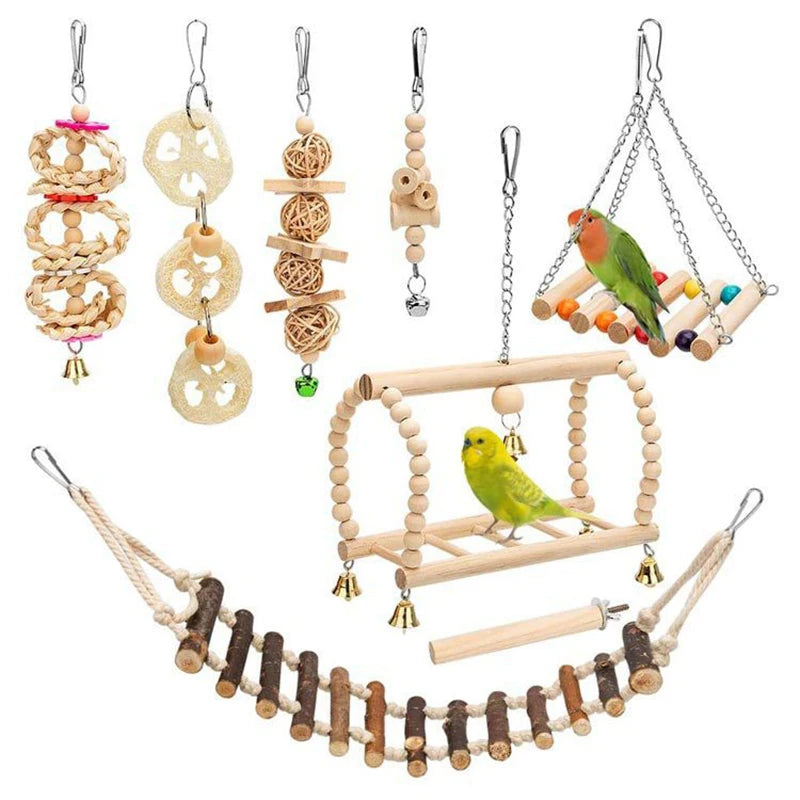 8PCS Set Combination. Parrot Bird Toys. Wood Articles, Bite Bird Toys For Parrot Training. Bird Toy Swing, Ball and Bell.