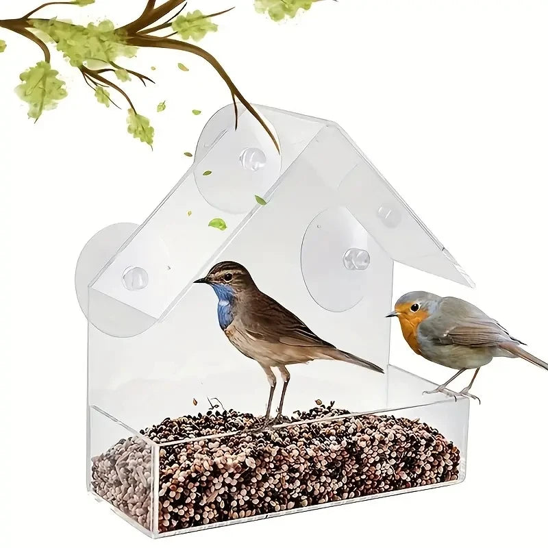 Acrylic Bird Feeder. Clear Window Outside Hanging Bird Feeder House with Suction Cup for Garden. Outdoor Backyard Wildlife Birding