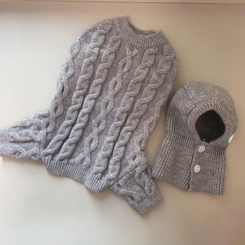Autumn and Winter Pet Four Legged Knitted Warm Jumpsuit With Hat.