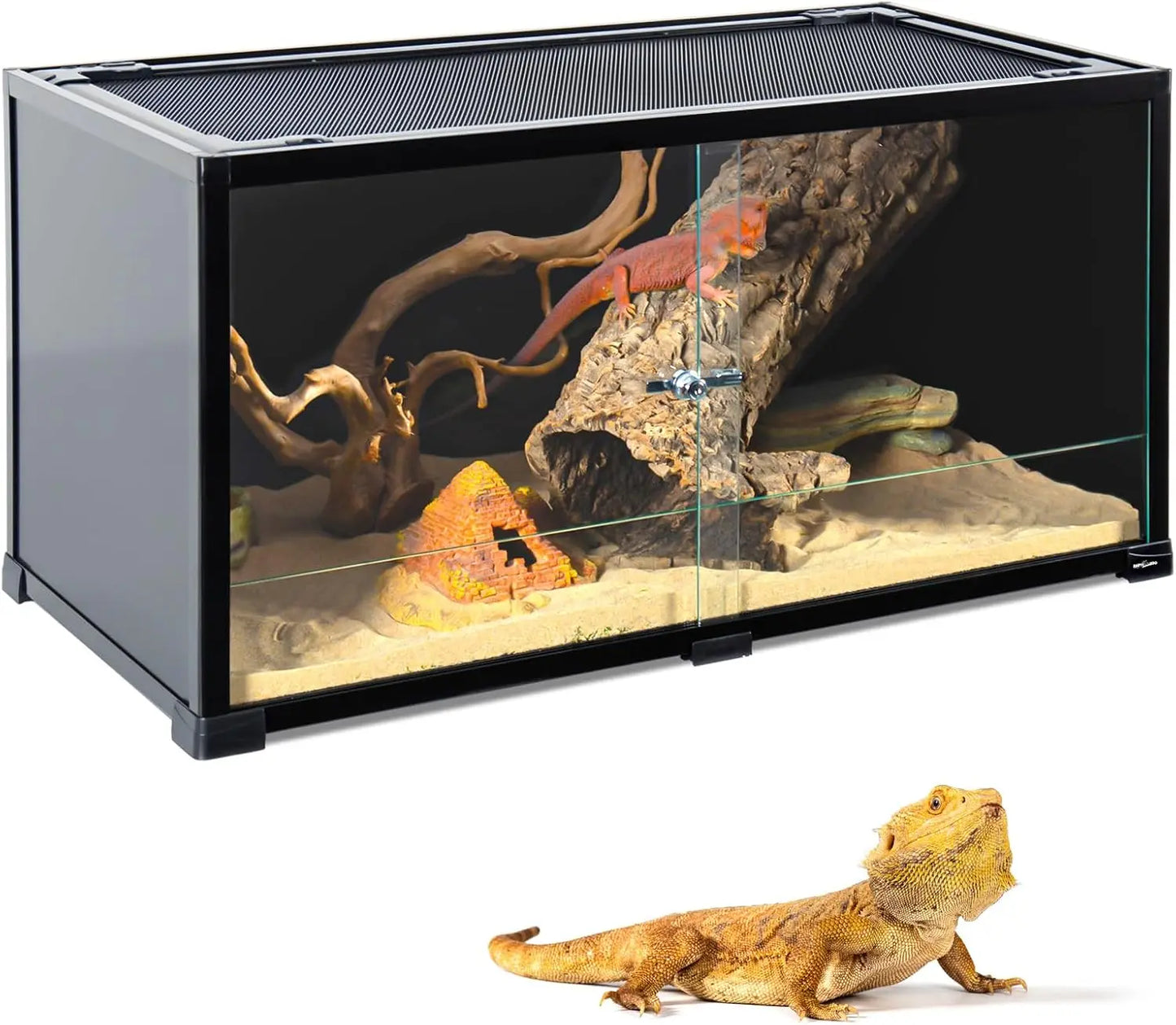 50 Gallon Reptile Terrarium, 36x18x18 Black-Tinted Glass Enclosure with Sliding Door & Mesh Top for Bearded Dragon, Gecko, Snake