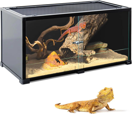 50 Gallon Reptile Terrarium, 36x18x18 Black-Tinted Glass Enclosure with Sliding Door & Mesh Top for Bearded Dragon, Gecko, Snake