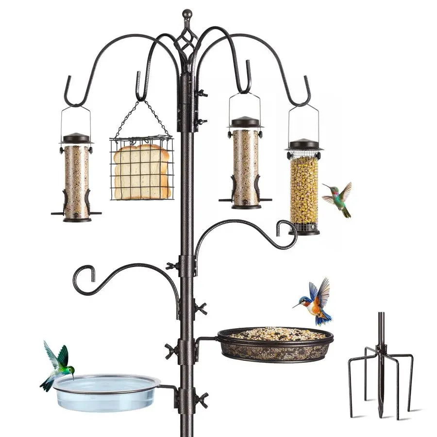 Feeding Station Kit, 94 Inch Metal Birds Feeder Stand Pole with 6 Hooks, Bird Bath and Mesh Tray, 5 Prong Base
