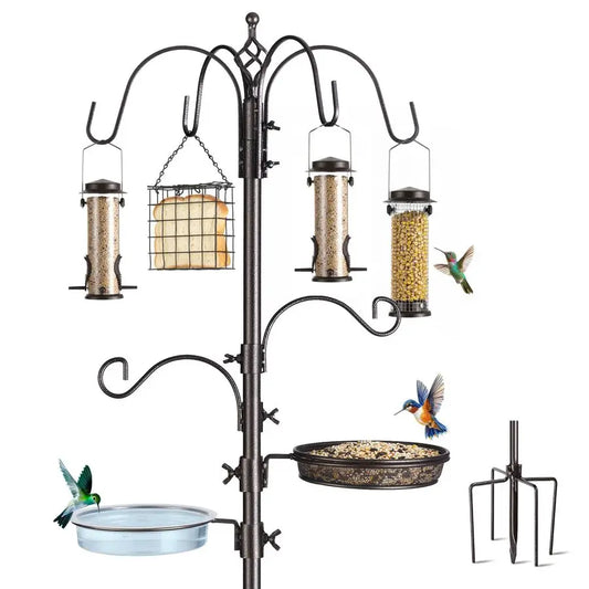 Feeding Station Kit, 94 Inch Metal Birds Feeder Stand Pole with 6 Hooks, Bird Bath and Mesh Tray, 5 Prong Base