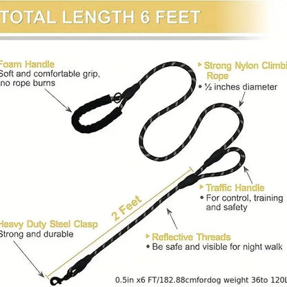 Rope Dog Leash, 6ft long, Padded Two Handle,Heavy Duty,Reflective Double Handles Lead for Control Safety Training,Leash